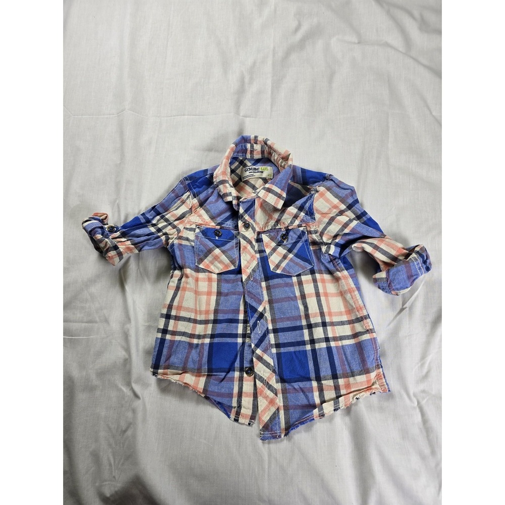 Genuine Kids OshKosh Shirt Boys 4T Blue Peach Plaid Button Front Casual